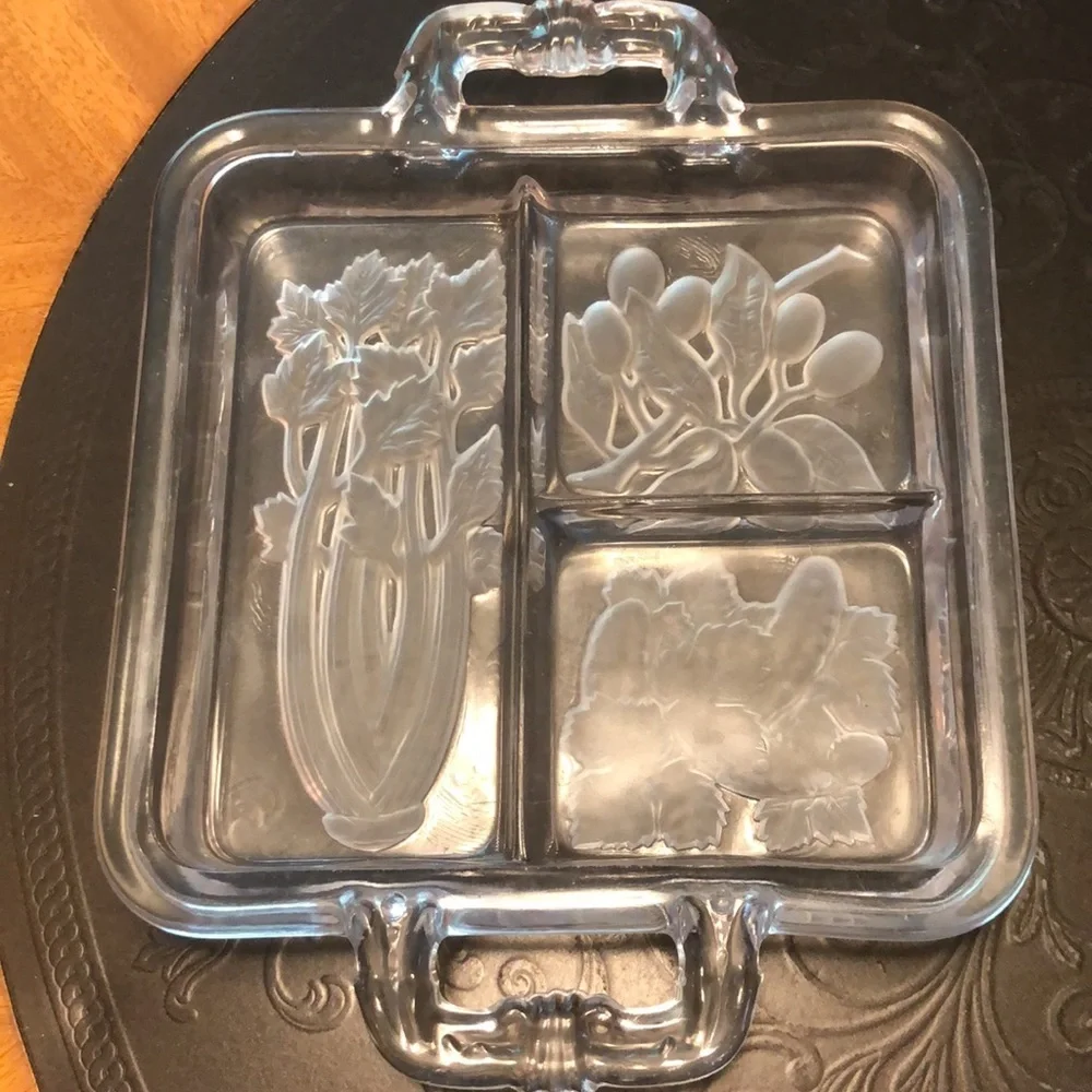 1940's Vintage Art Deco Glass Serving Tray Dish Platter Intaglio Clear Frosted
